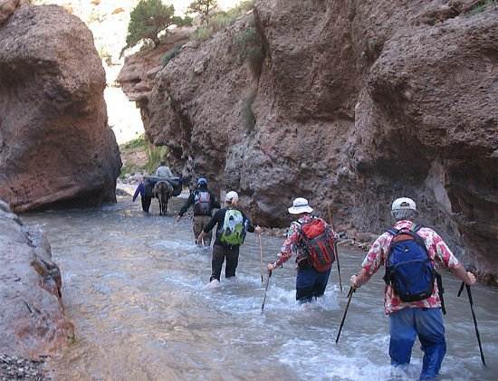 Travelers trekking through a river in the Atlas Mountains